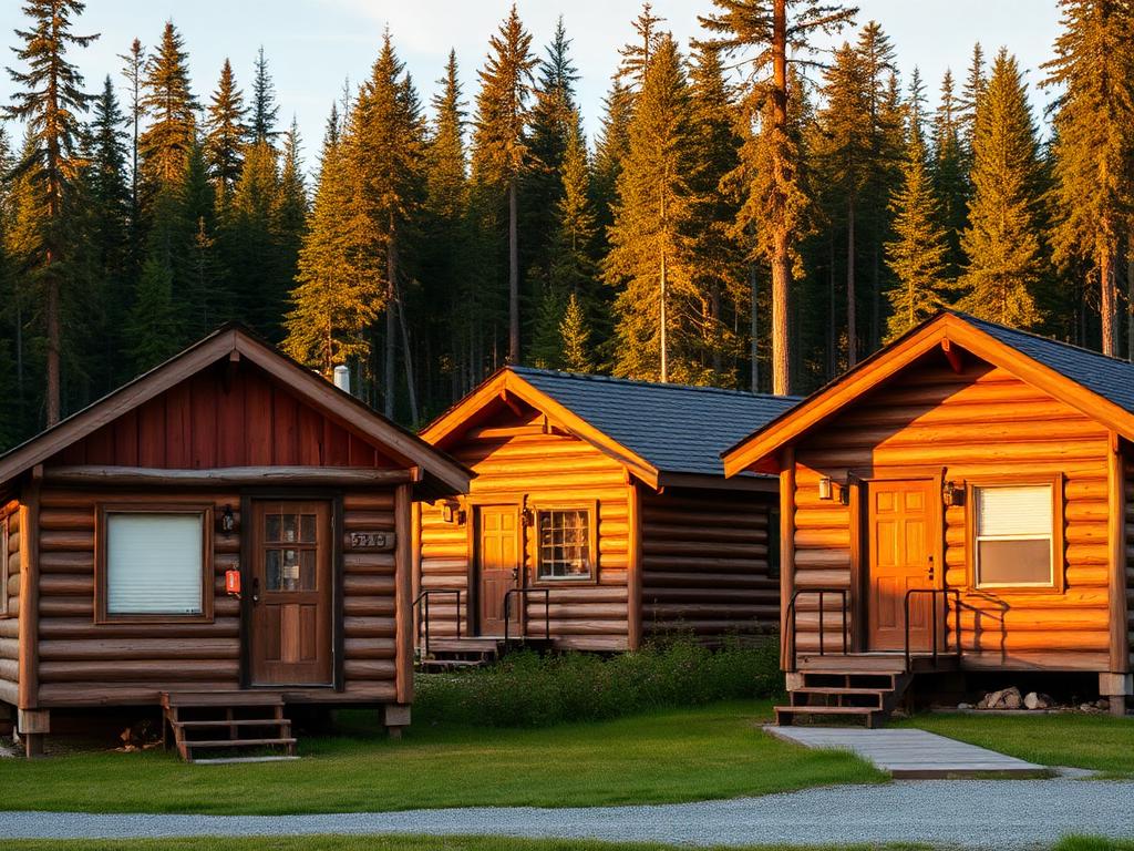 Log cabins at the edge of a spruce forest in evening light