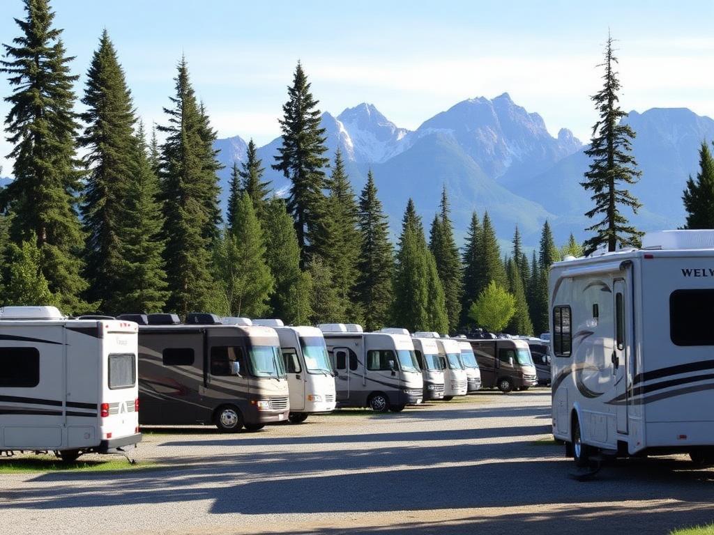 Motorhomes parked on gravel sites among spruce trees with mountains behind