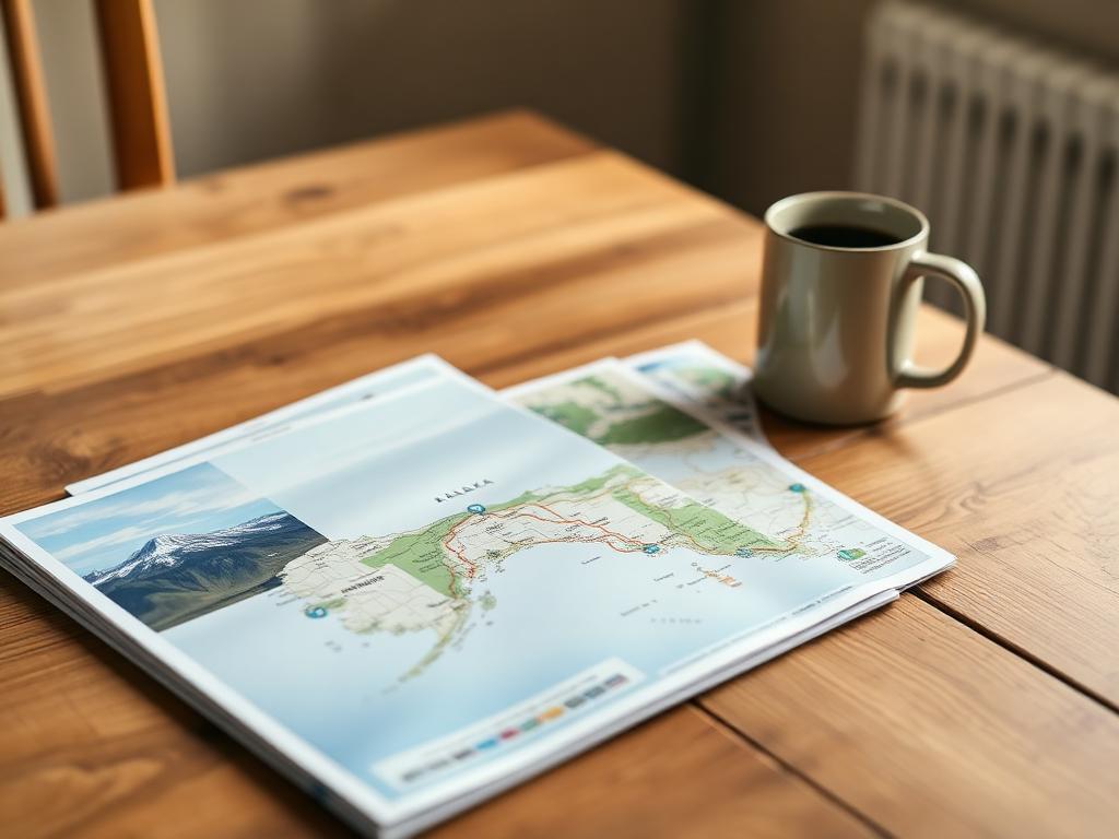 Printed Alaska campground map and guide open on a wooden table